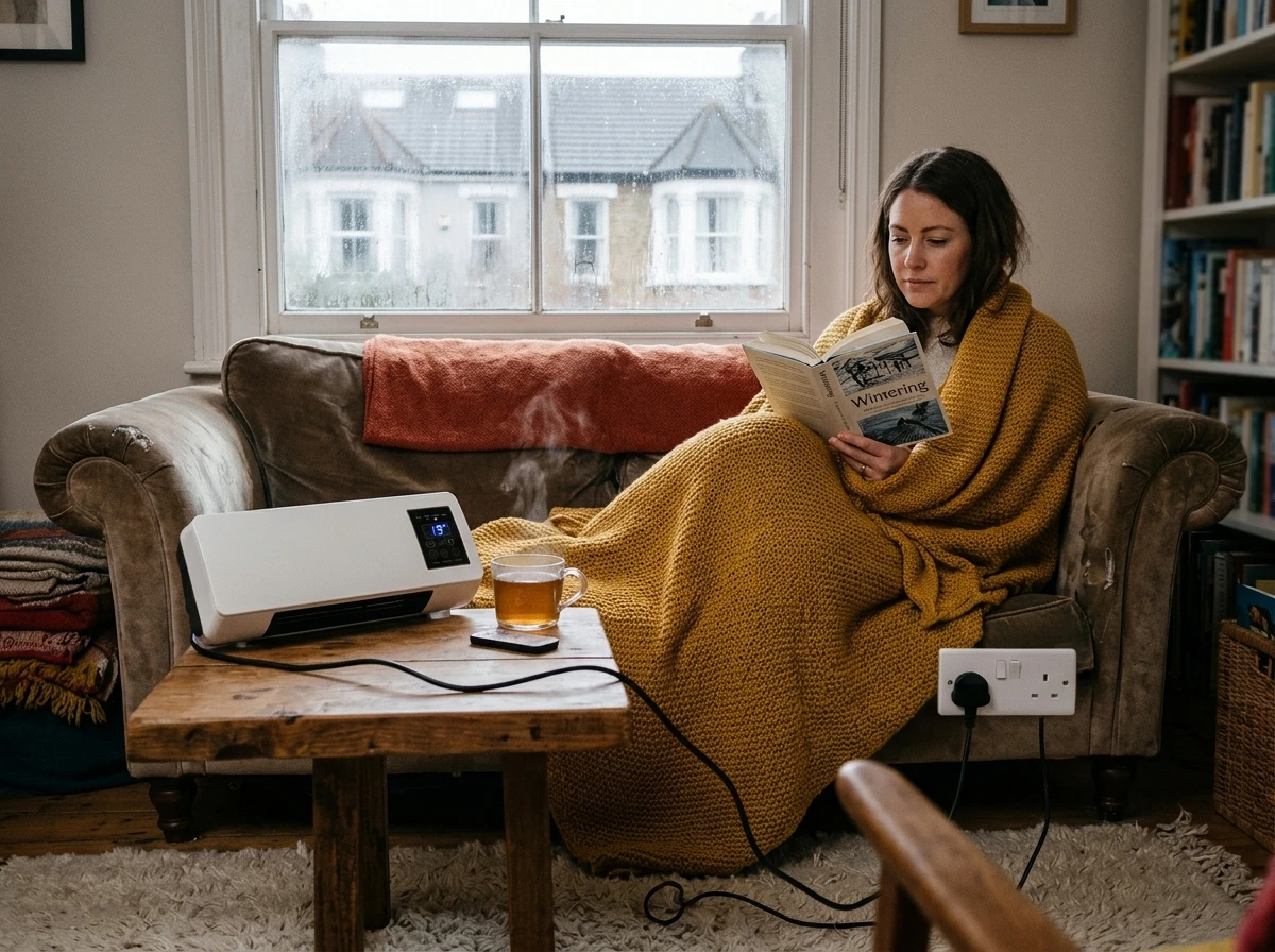Heatoor ceramic heater plugged into UK socket warming living room with person in warm blanket